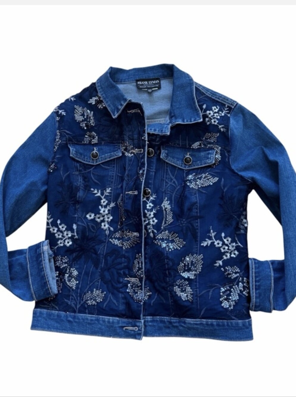 Frank Lyman Design Embellished Navy Floral Denim Jacket L
